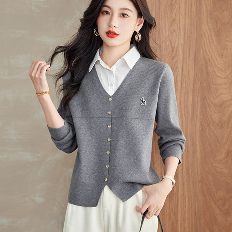 春秋女衬衫领假两件高档打底毛衣