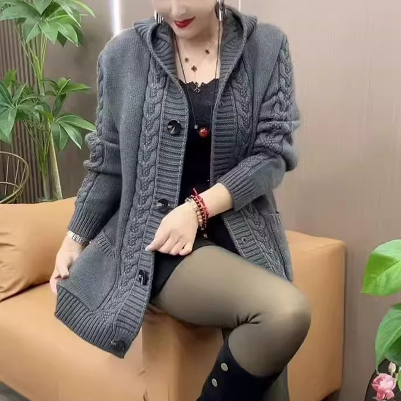 连帽遮肚毛衣外套秋冬新品女士羊毛针织开衫厚加大码百搭口袋上衣