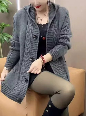 连帽针织羊毛开衫秋冬女毛衣外套
