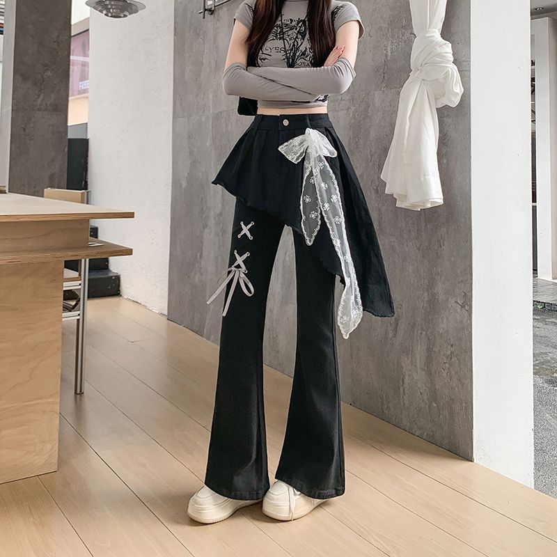 复古假两件蕾丝带微喇叭牛仔裤女