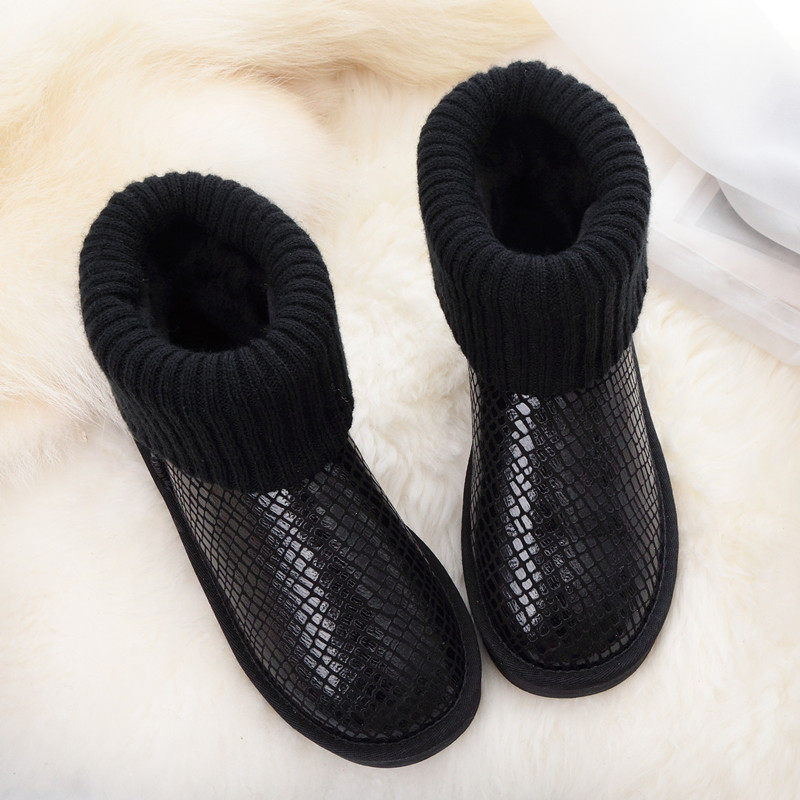 2025新款皮毛一体毛线口雪地靴女牛皮加绒平底低帮棉鞋学生短靴冬