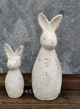 欧式风粗陶做旧兔子摆件装饰品
