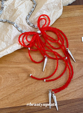 新款蝴蝶结水晶串珠流苏项链甜酷风小众设计感锁骨链轻奢百搭项饰