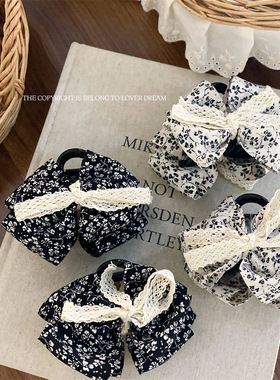 法式新款黑白碎花布艺蕾丝蝴蝶结发夹 复古时尚抓夹鲨鱼夹发饰女