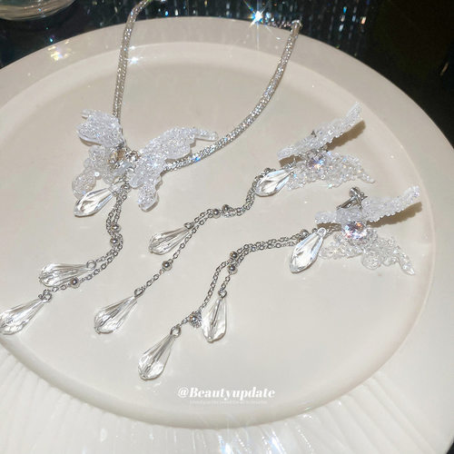 超仙绝美蝴蝶流苏耳夹项链独特漂亮优雅首饰套装设计感小众饰品女