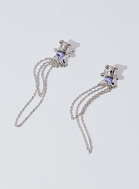 金属小熊紫色爱心锆石链条流苏耳骨夹无耳洞耳饰耳环饰品