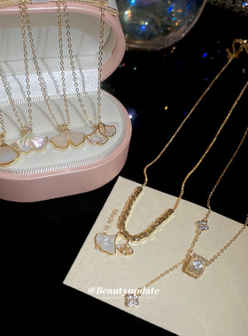 14K真金电镀锆石贝母树叶项链简约精致优雅锁骨链小众高级感项饰