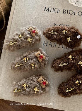 韩国ins秋冬新款小熊美拉德毛绒发夹 可爱时尚bb夹刘海夹头饰发饰