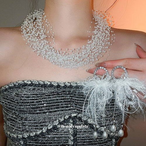 蝴蝶结水滴流苏珍珠项链耳环精致优雅百搭首饰套装轻奢高级感饰品