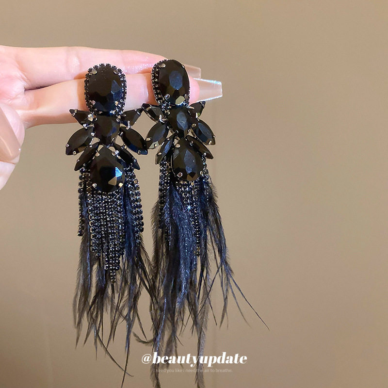 银针暗黑风镶钻花朵羽毛耳环个性设计长款流苏耳坠欧美甜酷风耳饰,饰品/流行首饰/时尚饰品新,耳环,淘宝优惠券,粉丝福利购,淘宝优惠卷