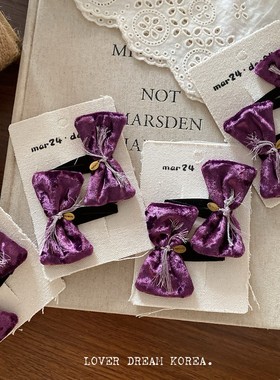 韩国新款紫色植绒蝴蝶结BB发夹套装高级感蝴蝶结侧边发夹套装少女