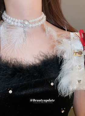 水滴羽毛流苏珍珠颈链精致优雅小众独特设计感锁骨链轻奢气质项饰