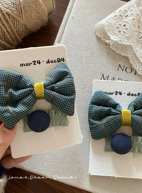 2只装韩国ins新款绿色格子布艺蝴蝶结发夹 可爱时尚刘海夹发饰女