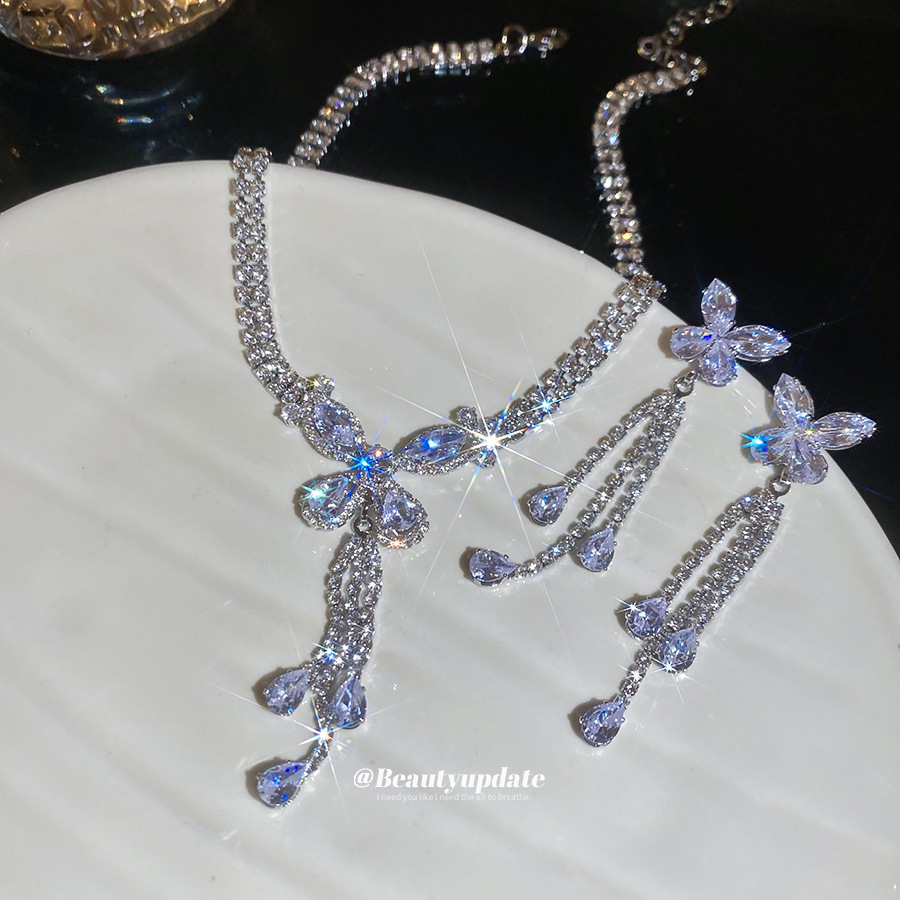 锆石双层蝴蝶流苏项链耳钉韩系优雅百搭首饰套装轻奢高级感饰品女