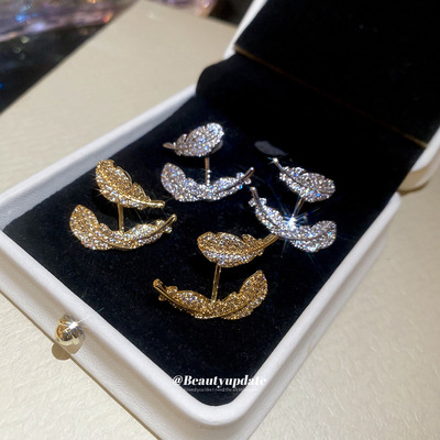 真金电镀银针锆石树叶耳钉个性时尚小众耳坠耳环轻奢高级感耳饰女