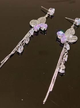 新中式复古立体镂空蝴蝶紫色锆石长款链条流苏气质百搭时尚耳钉女