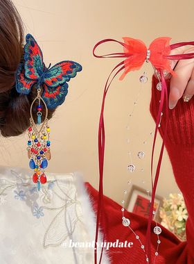 新中式蝴蝶玻璃水晶流苏发夹女精致优雅小众鸭嘴夹轻奢高级感发饰