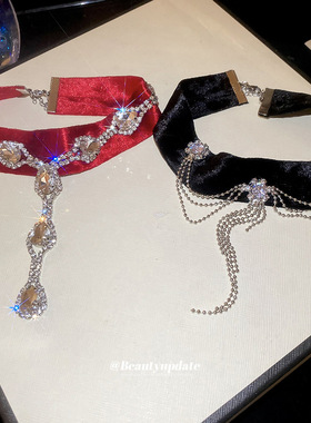 金丝绒镶钻圆形流苏颈链甜酷风小众潮流百搭锁骨链轻奢气质项链女