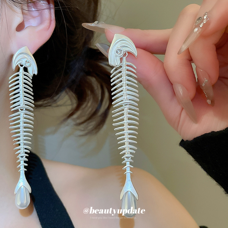 银针锆石鱼骨架珍珠耳钉轻奢小众独特设计感耳环欧美跨境夸张耳饰