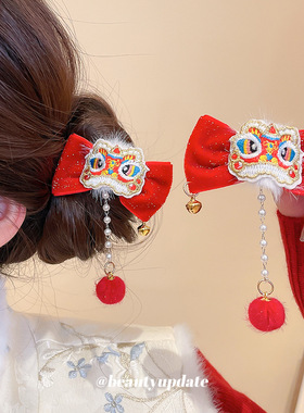 新年植绒蝴蝶结醒狮发夹新中式复古国风百搭鸭嘴夹设计感小众发饰