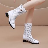 单靴子透气凉靴 粗跟马丁靴大码 真皮白色中筒靴女春夏款 镂空洞洞鞋