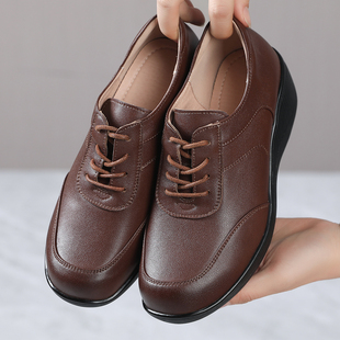 真皮坡跟单鞋秋冬厚底舒适妈妈鞋大码深口女鞋圆头软底不累脚皮鞋