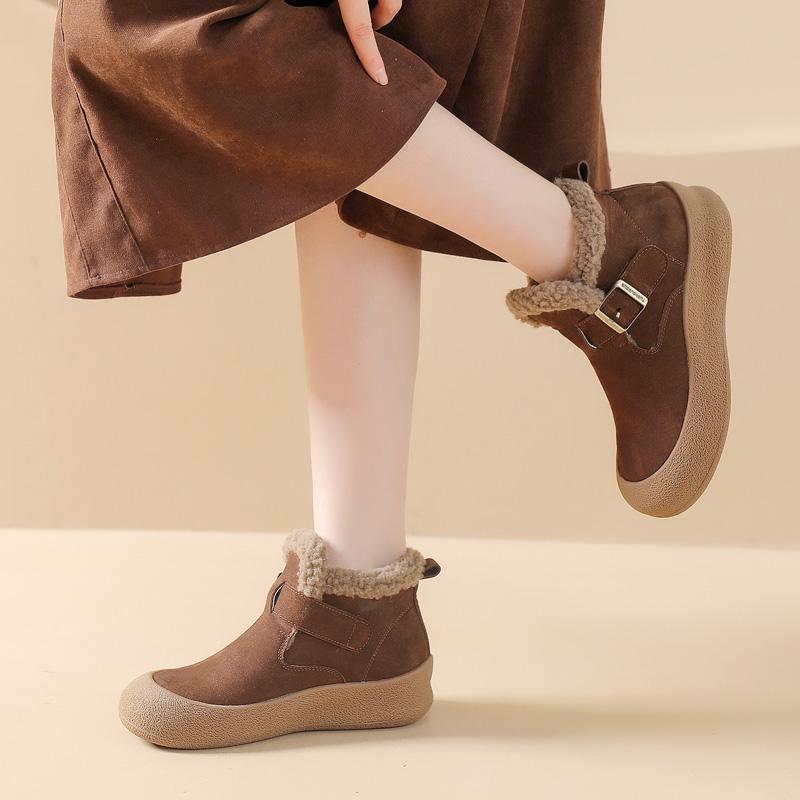 磨砂皮短靴真皮复古加绒加厚雪地靴女冬季厚底勃肯鞋舒适妈妈棉鞋