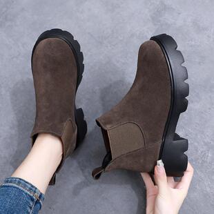 松糕厚底马丁靴女秋冬季单靴磨砂真皮短靴子保暖加绒软底粗跟女鞋