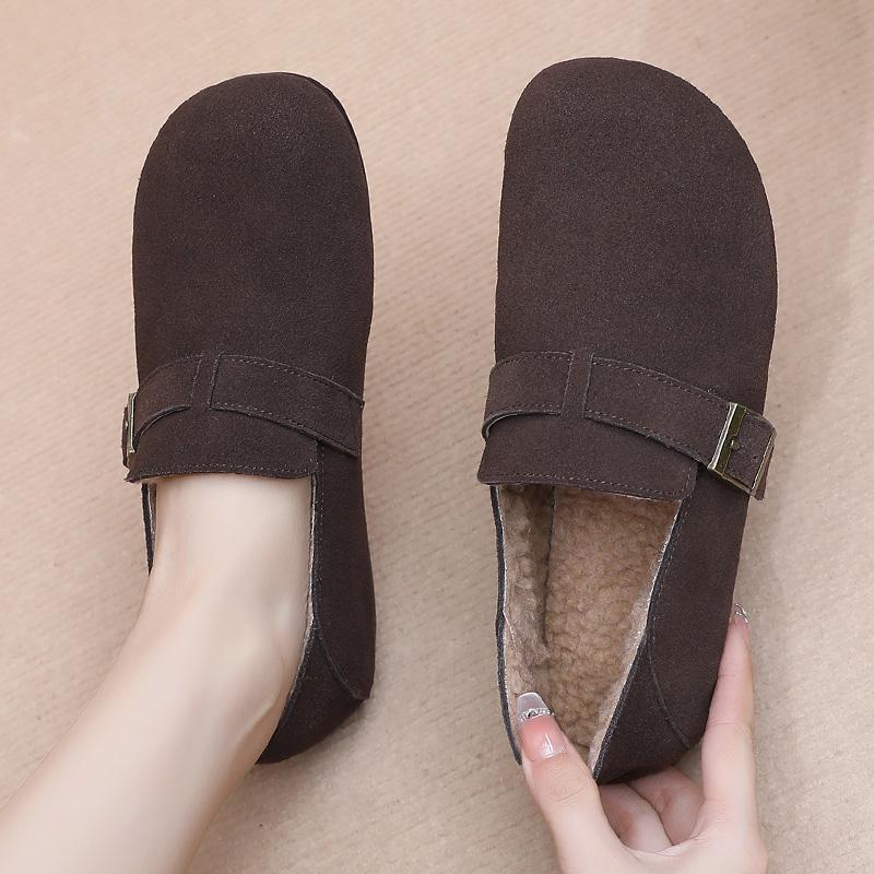 真皮加绒勃肯鞋冬季休闲平底磨砂皮保暖棉鞋舒适软底一脚蹬女鞋子