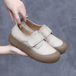 轻便厚底防滑皮鞋 真皮乐福鞋 软底中年妈妈鞋 平底休闲单鞋 女春秋季