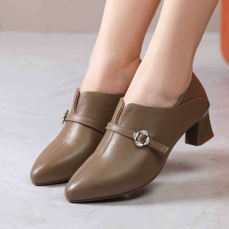 真皮尖头单鞋女春秋粗跟软底防滑中年妈妈鞋百搭舒适中跟深口皮鞋,女鞋,深口单鞋,淘宝优惠券,粉丝福利购,淘宝优惠卷
