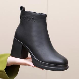 粗跟厚底短靴女防水台高跟鞋春秋单靴子真皮保暖加绒女靴子马丁靴