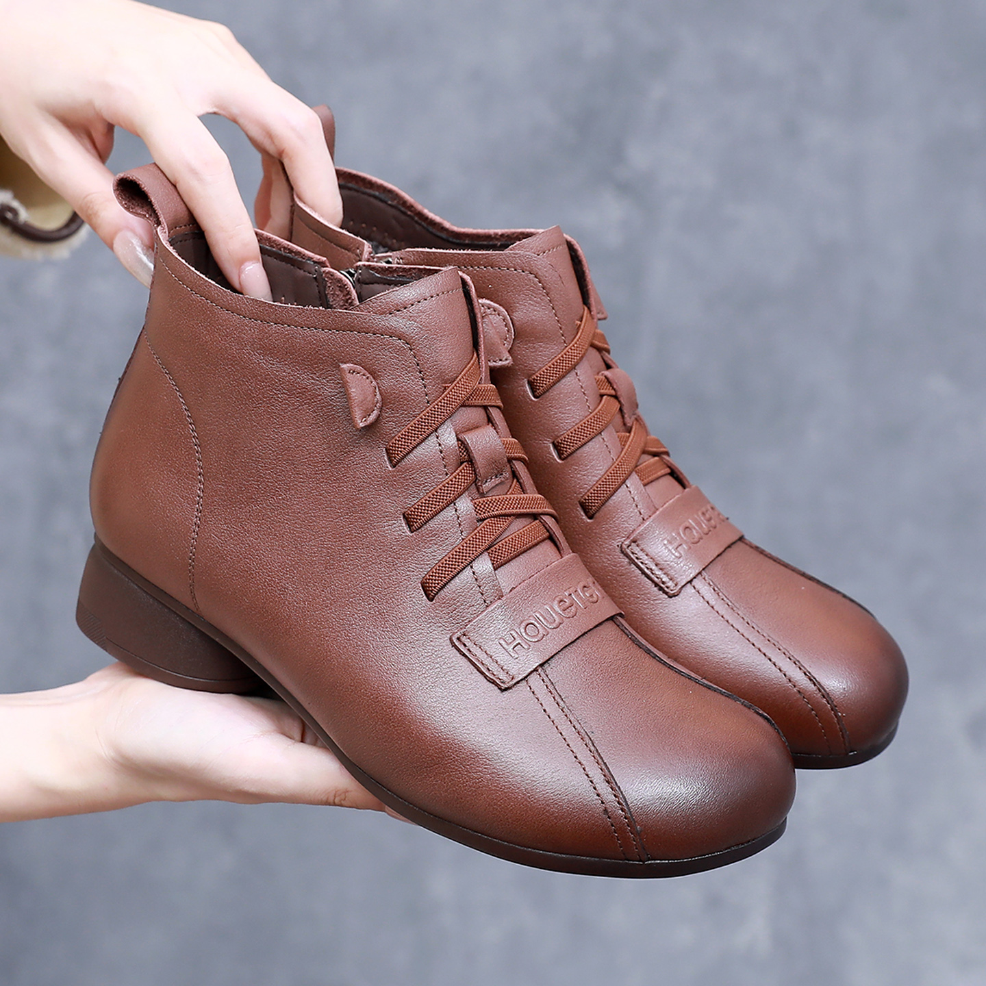 秋冬真皮复古小短靴单靴防滑软底加绒妈妈棉鞋皮鞋大码休闲女鞋子