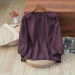 高级汉麻36色织纯色上衣文艺复古七分袖 百搭圆领T恤 宽松女装 夏季