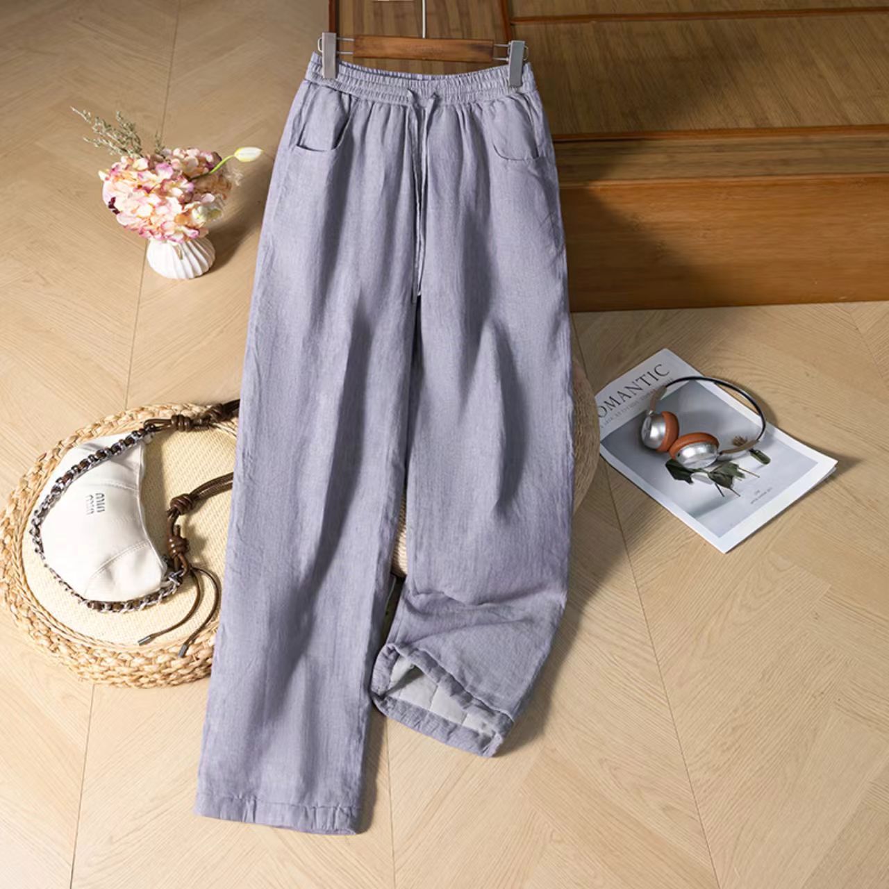 2025新款汉麻女裤绗缝竖条休闲裤