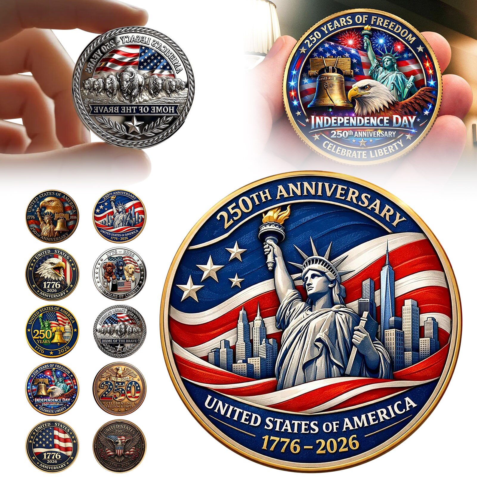 美国建国250周年纪念硬币 3D浮雕合金硬币 自由女神纪念币