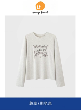 it :orange forest圆领长袖字母印花T恤女 个性百搭猫咪图案上衣