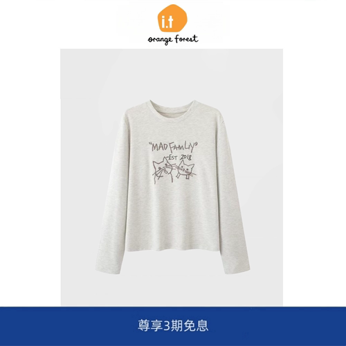 it :orange forest圆领长袖字母印花T恤女 个性百搭猫咪图案上衣