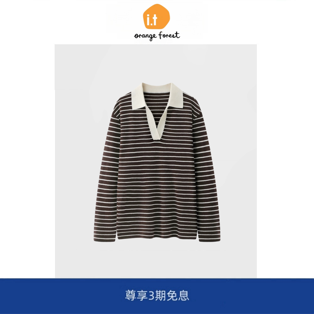 it :orange forest针织衫细支绵羊毛翻领V领宽松落肩休闲针织套头