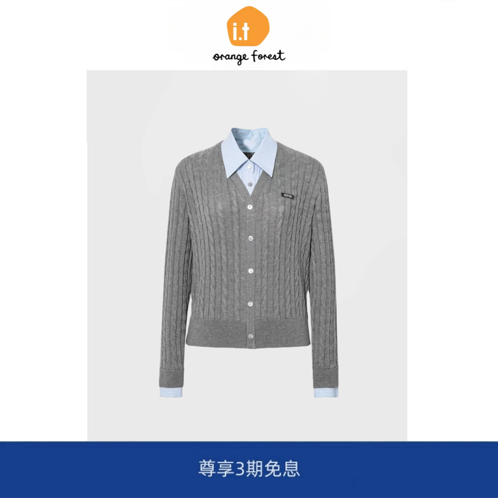 it :orange forest沈梦辰气质Polo领拼接假两件针织衫毛衣上衣女