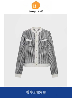 it :orange forest小香风拼接圆领针织衫优雅长袖针织上衣开衫女