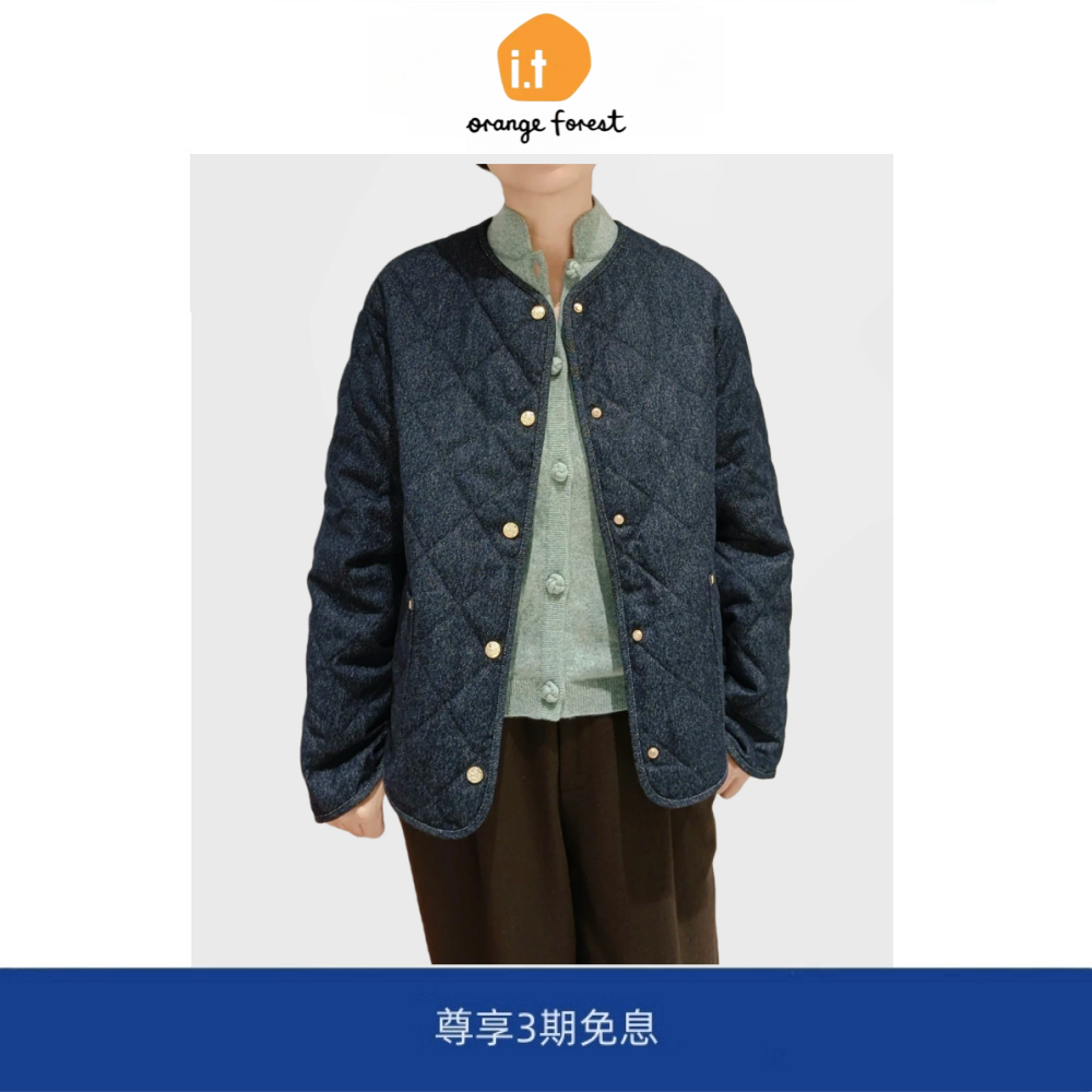 it :orange forest原色牛仔色轻便绗缝棉衣夹克牛仔圆领棉服外套