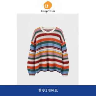it :orange forest多巴胺撞色条纹绵羊毛针织衫彩虹毛衣