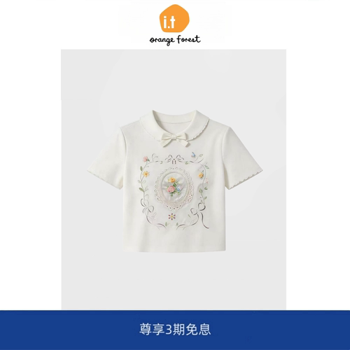 【现货】it orange forest彩色珠饰刺绣短袖减龄蝴蝶结T恤上衣