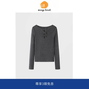 针织衫 气质蝴蝶结镂空羊毛长袖 forest法式 女毛衣上衣 orange