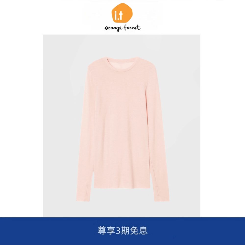 it :orange forest长袖指孔羊毛打底衫女 圆领微弹上衣秋季新品