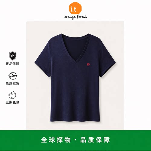【现货】it orange forest短袖T恤含天丝微透V领显瘦刺绣休闲上衣