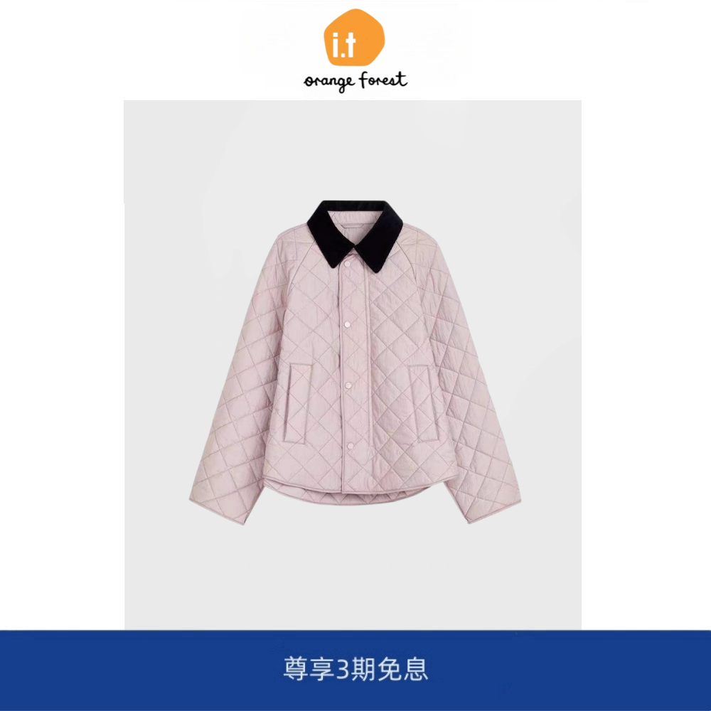 it :orange forest复古简约菱形翻领棉服菱格绗缝棉衣夹克外套女