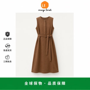 【现货】it orange forest亚麻中长连衣裙法式复古风无袖收腰系带