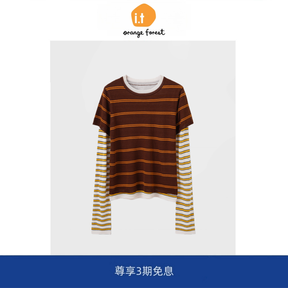 it :orange forest假两件撞色条纹针织领拼色上衣条纹T恤